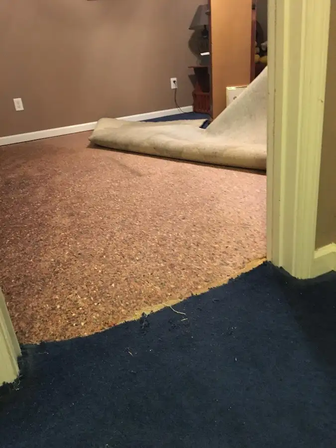 Carpet pad removal revealing water damage during Water Mitigation Services in Lyon